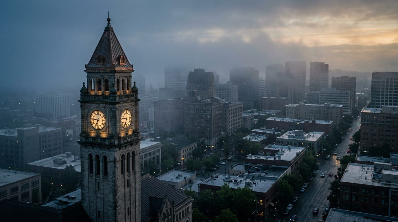 An 85mm shot captures the mist-covered historic clock tower of the Old Olympia Federal Building. Set against a muted overc...
