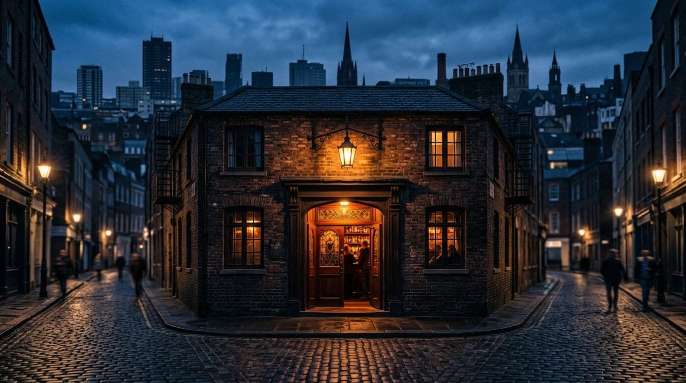A symmetrical, wide-angle shot of the Cryptatropa Bar’s weathered brick facade at night. Warm tungsten light glows from wi...