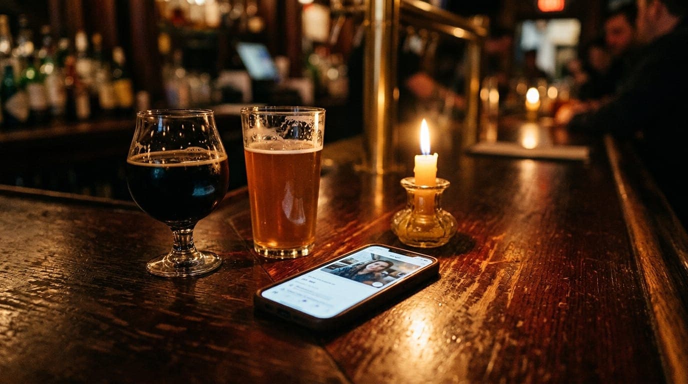 A medium shot of a mahogany bar top at The Spar, featuring two half-poured local craft beers beside a smartphone displayin...