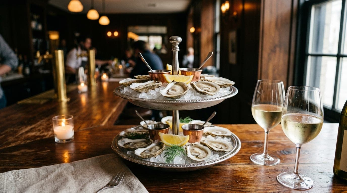 A close-up, tilt-shift focus captures a tiered silver oyster platter at Chelsea Farms. Two half-poured glasses of chilled...