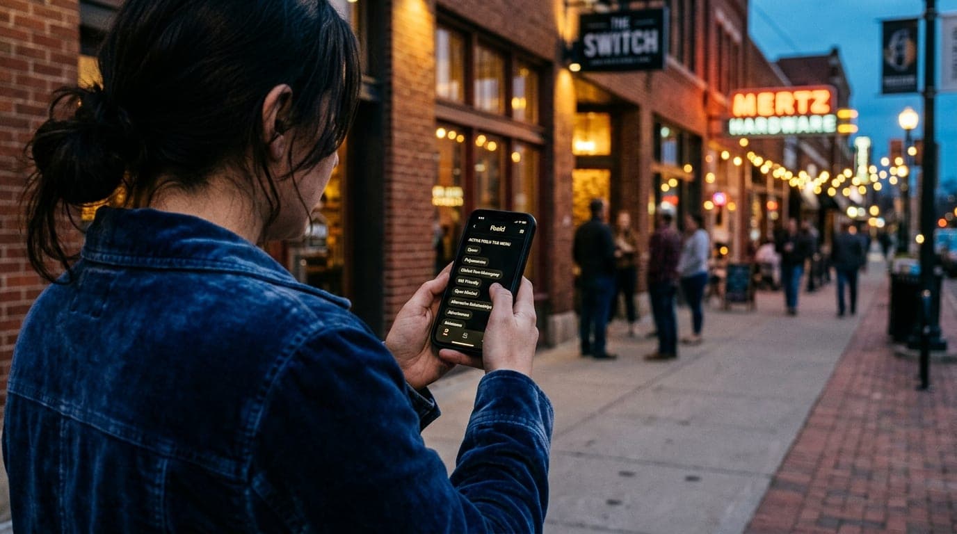 A woman in a velvet jacket stands on a Blackstone District sidewalk at blue hour, holding a smartphone showing an active F...