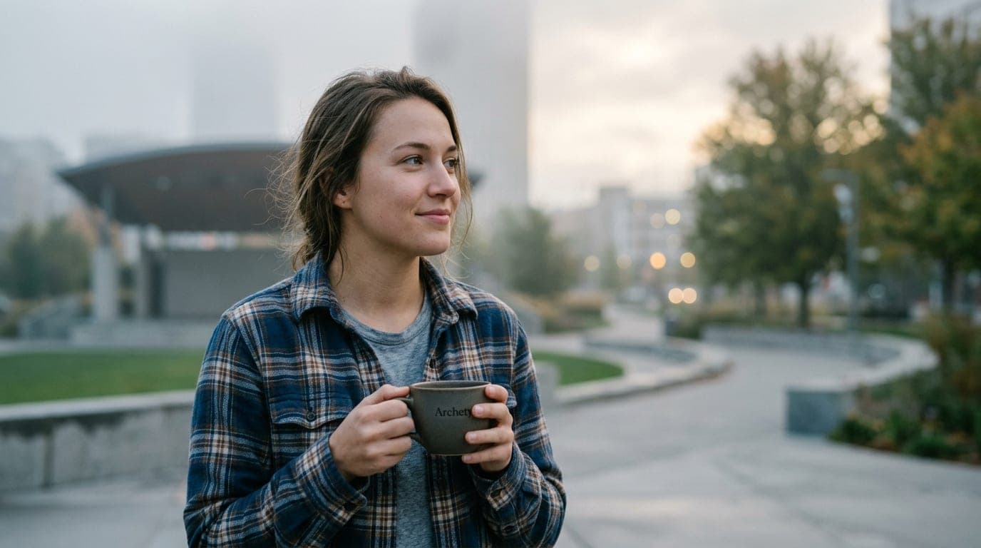 An 85mm shallow-focus portrait, offset left, shows a woman in a casual flannel shirt holding an Archetype coffee cup at th...