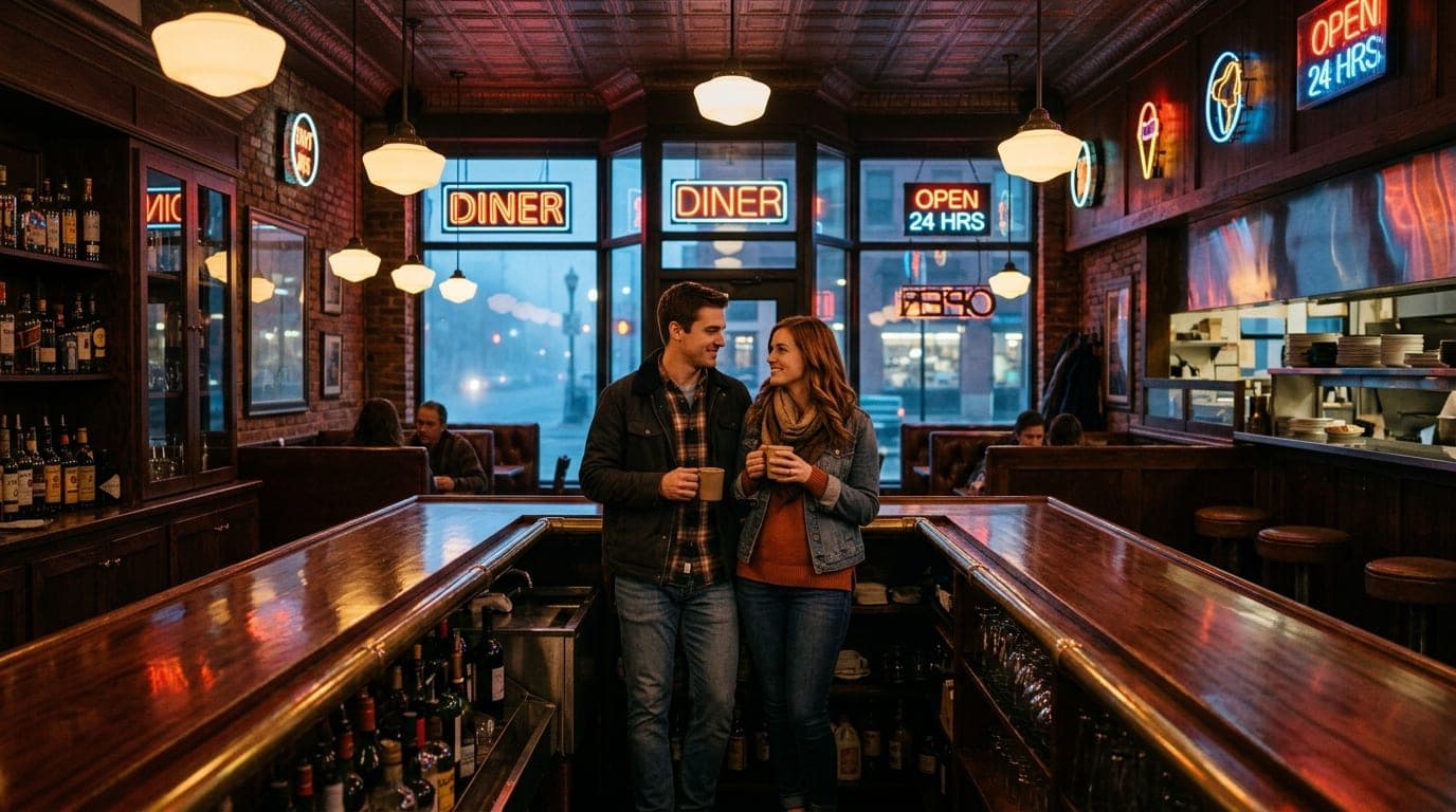 A wide 24mm shot shows a couple in casual date attire standing centered inside a retro-diner bar, framed by warm hanging p...