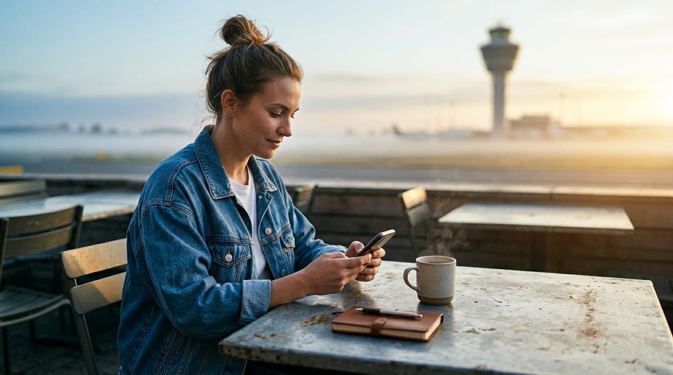 An 85mm portrait captures a woman in a casual denim jacket sitting at an outdoor cafe table, looking at her phone. A blurr...