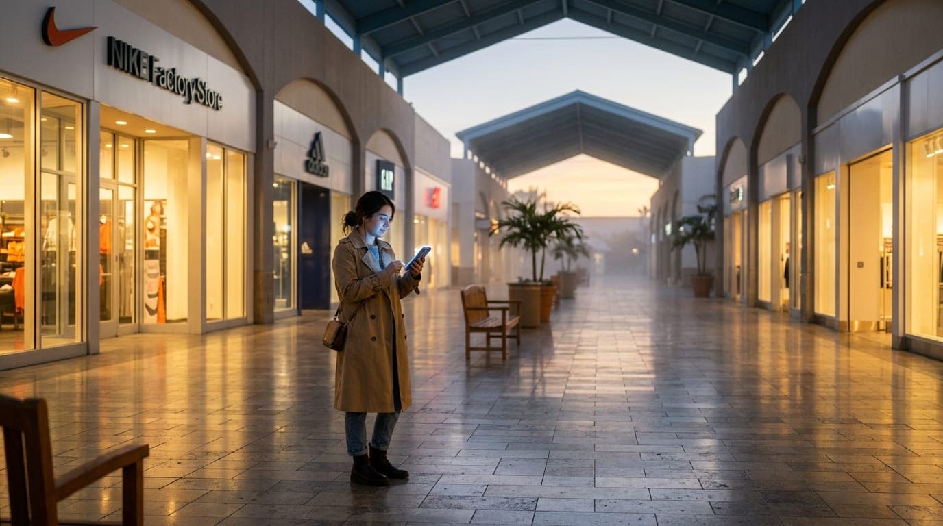A 24mm wide-angle, symmetric shot of an Ontario Mills shopping corridor at night. A woman in a tan trench coat checks her...