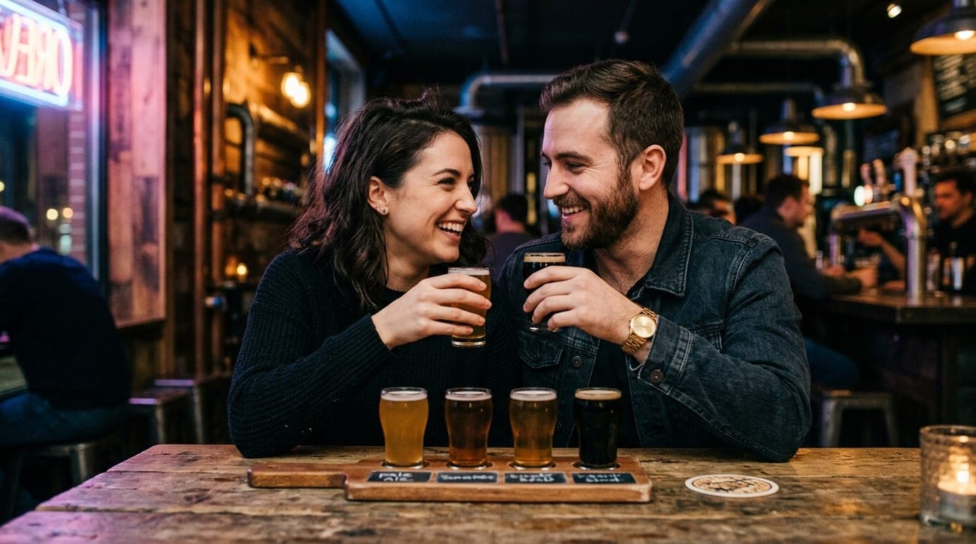 A close-up shot of a couple sharing a craft beer flight at a rustic brewery table. Warm amber lighting illuminates their f...
