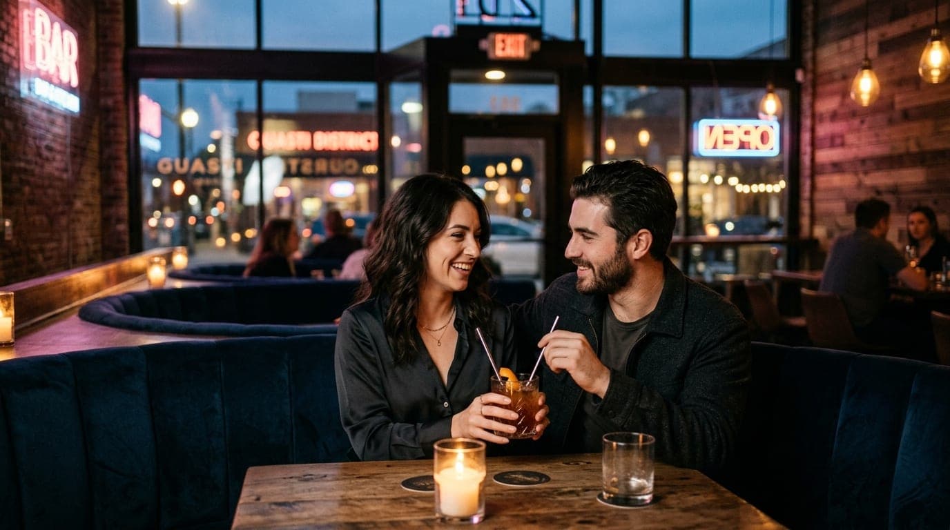 A medium shot of a couple sharing a cocktail at a moody Guasti District lounge table, illuminated by warm candlelight. Lea...