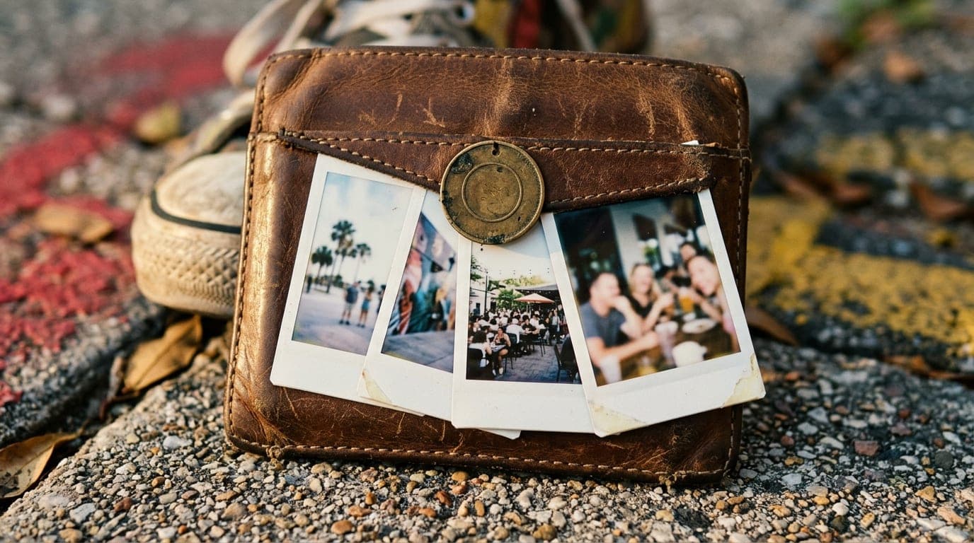 Extreme 100mm macro shot of a weathered leather wallet on a Mills 50 sidewalk, containing a blurred "roster" of four diffe...