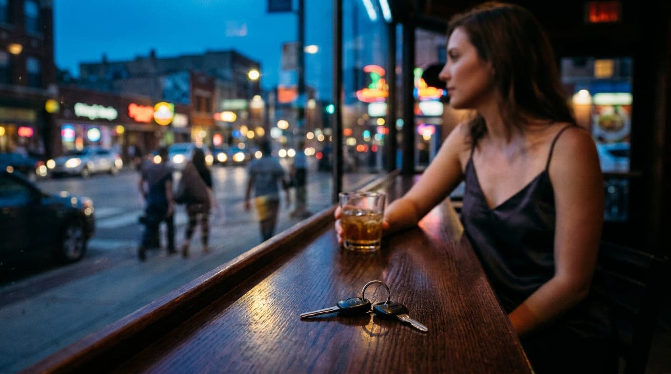 Blue hour, tilt-shift focus on a pair of car keys resting on a neon-lit downtown bar top. A woman in a silk camisole watch...
