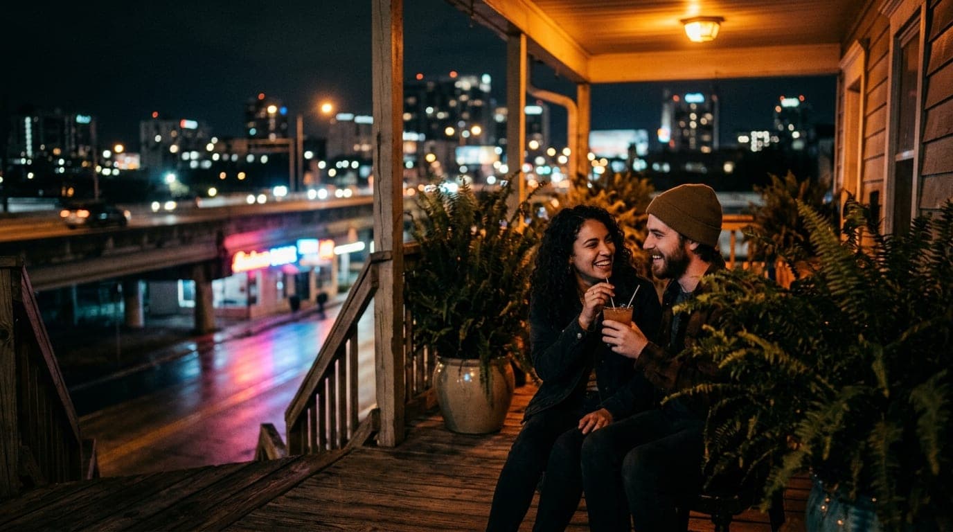 Low-angle hero shot of a couple sharing a drink on a College Park porch at midnight, surrounded by lush, dark ferns, with...