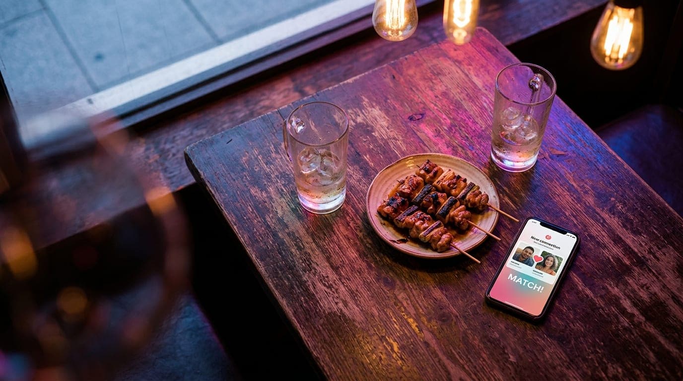 An overhead flat-lay on a weathered wooden table at a Mills 50 bar: two half-empty Japanese highball glasses, a shared pla...