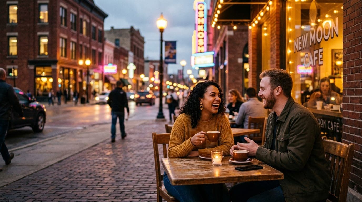 A candid wide shot shows a couple laughing over coffee at a rustic downtown Oshkosh cafe table. Behind them, blurred warm...