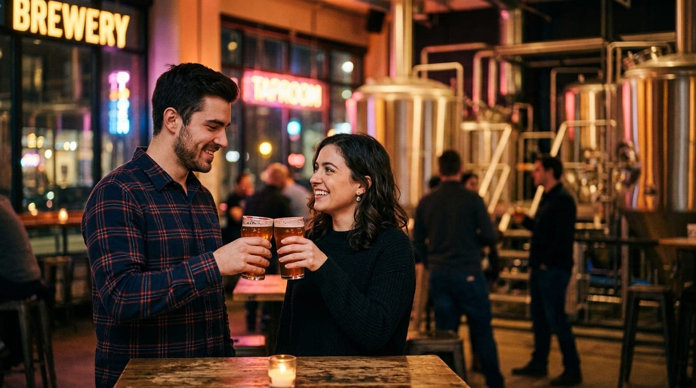 A couple stands in a dimly lit brewery, clinking amber pint glasses. The man wears a navy flannel shirt. Shallow depth-of-...