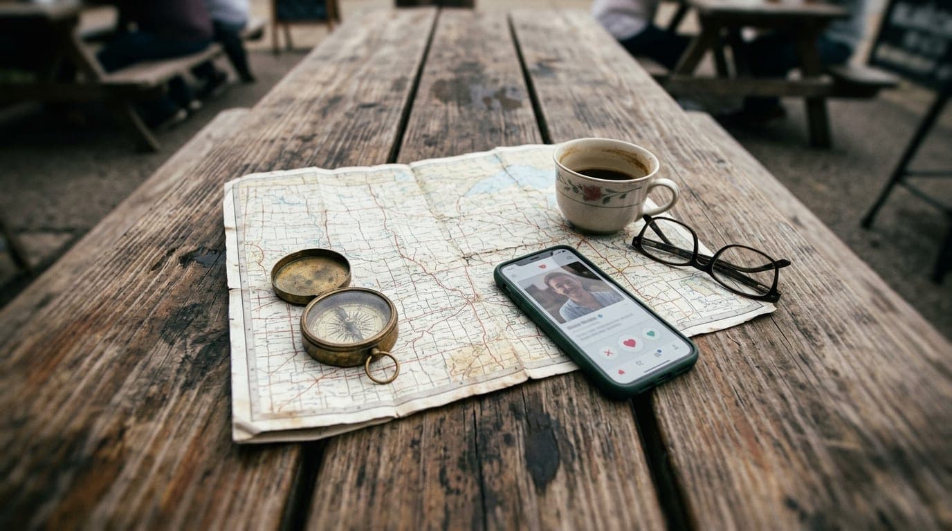 Overhead flat-lay on a weathered wooden cafe table. A crumpled regional map showing the Fox Valley, a vintage brass compas...