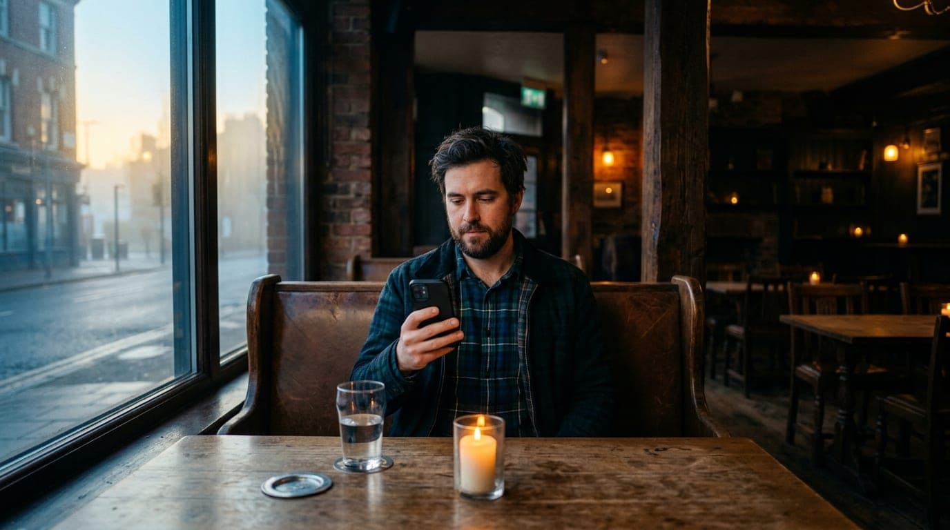 A medium shot of a person in a flannel shirt sitting at a candle-lit booth at Barley & Hops, holding a smartphone showing...