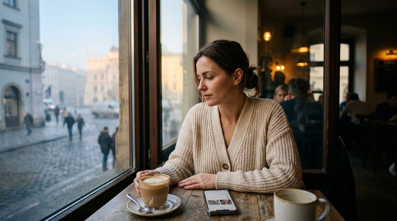 A woman in a cream-colored knit cardigan sits at a window-side cafe table, leaving two ceramic mugs and a Hinge profile sc...