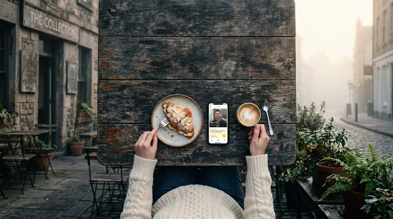 A woman in a cream cable-knit sweater sits at a weathered outdoor table at The Collection. A half-eaten pastry and a smart...