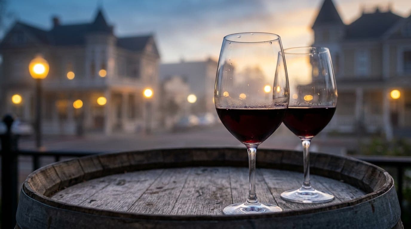 100mm macro shot of two wine glasses resting on a rustic wooden barrel at Rancho Ventavo Cellars. Soft bokeh displays the...