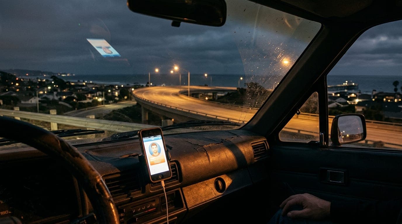 A wide establishing shot at night shows a dimly lit 101 freeway overpass in Oxnard. A parked vintage SUV overlooks the dar...