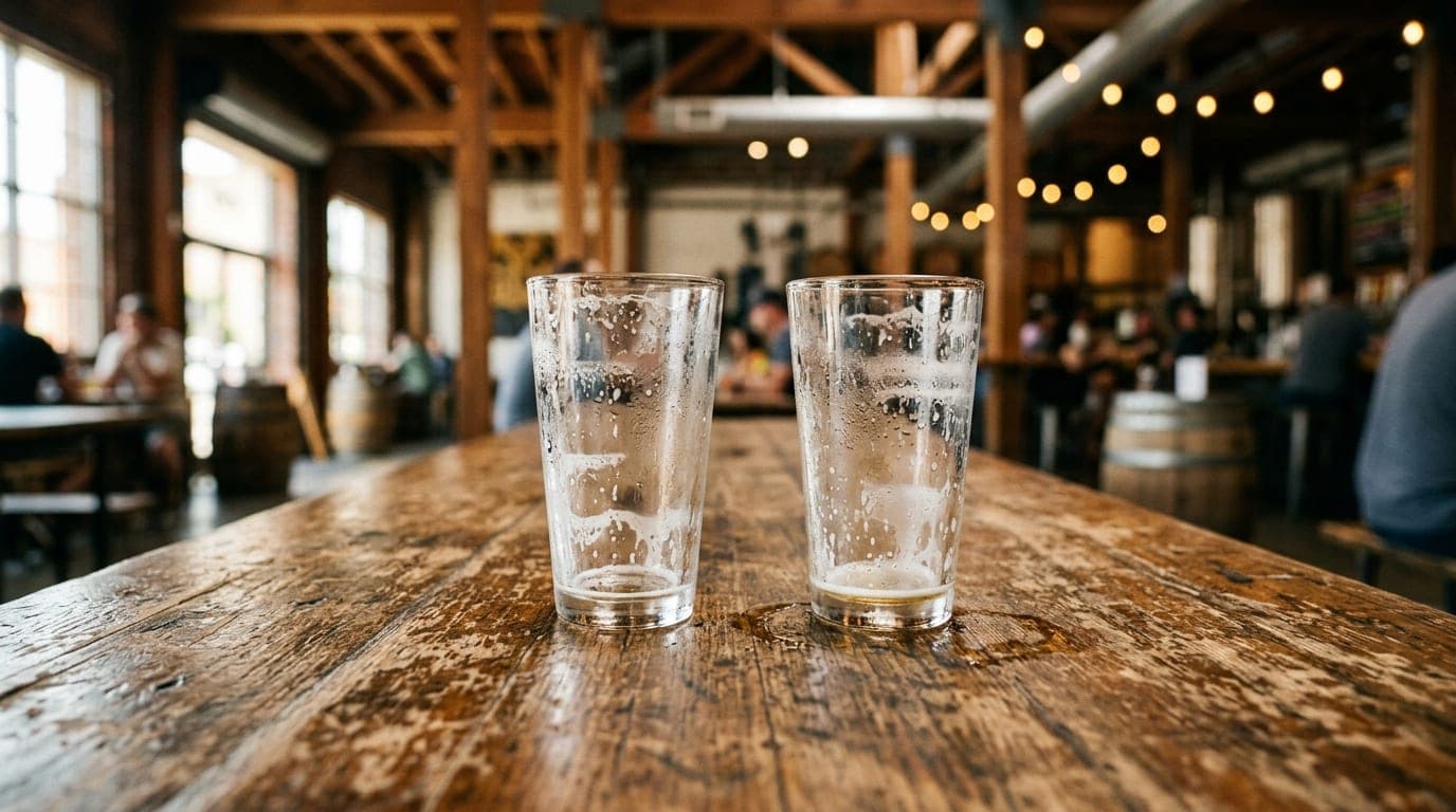 A medium shot, tilt-shift focus on two empty, condensation-beaded IPA glasses on a scarred wood table at Casa Agria, blurr...