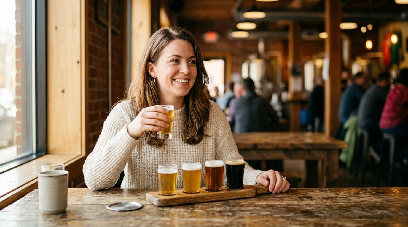 A woman in a cream-colored knit sweater sits at a rustic wooden table in a local brewery, holding a craft beer flight, bat...