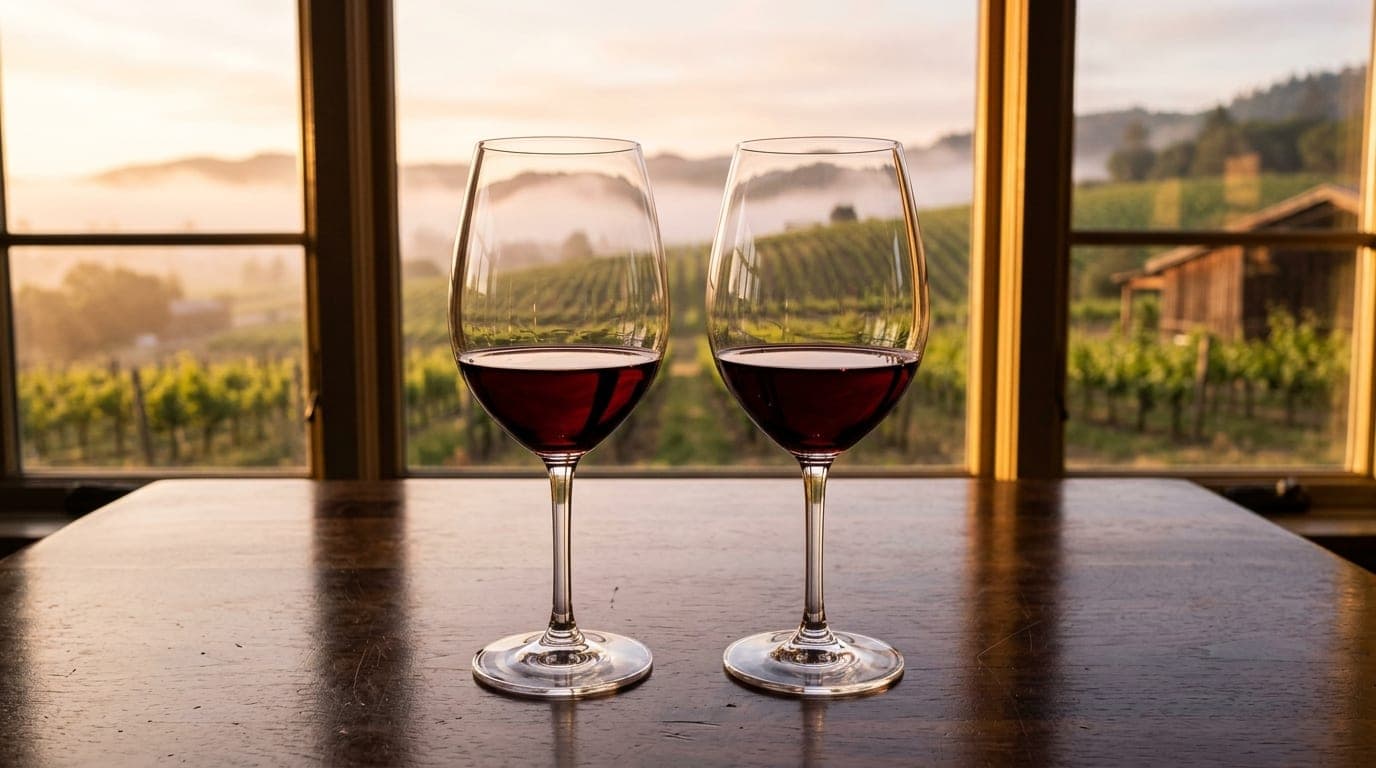 Extreme close-up macro, centered symmetry. Two half-full wine glasses sit on a polished dark wood table at Tierra Sur, ref...