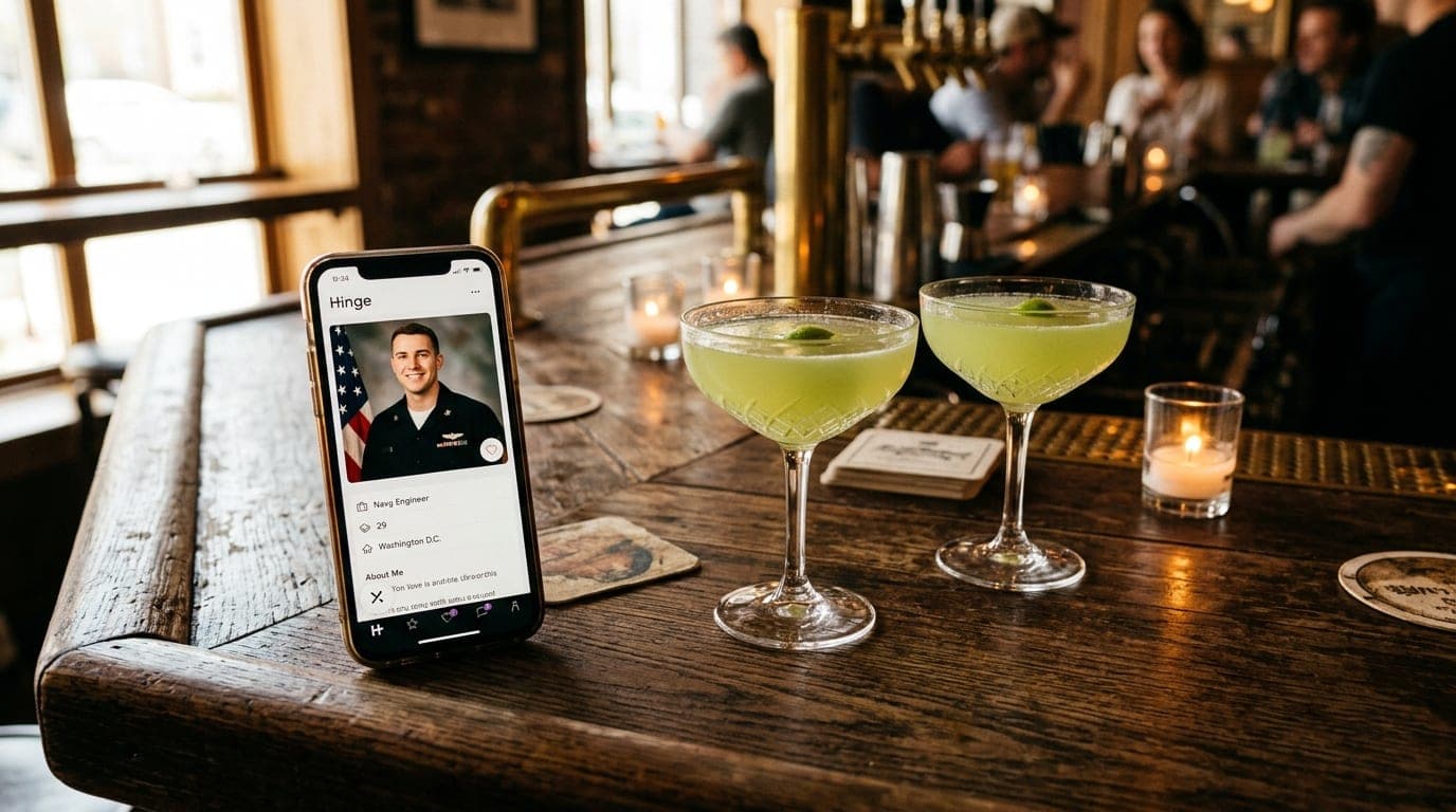 A high-angle close-up at a rustic wooden bar, featuring a Hinge profile of a Navy engineer on an open smartphone beside tw...