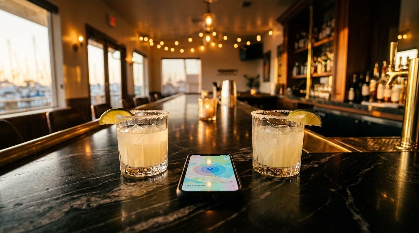 Centered 24mm wide-angle shot of a sleek marble bar at Oxnard Harbor. A glowing smartphone displaying a "Live Location" ma...