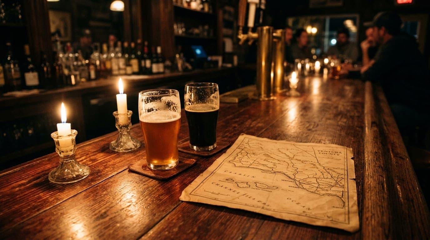 A medium shot of a rustic wooden bar in Oxnard. Two half-poured glasses of local craft beer sit beside a weathered map of...