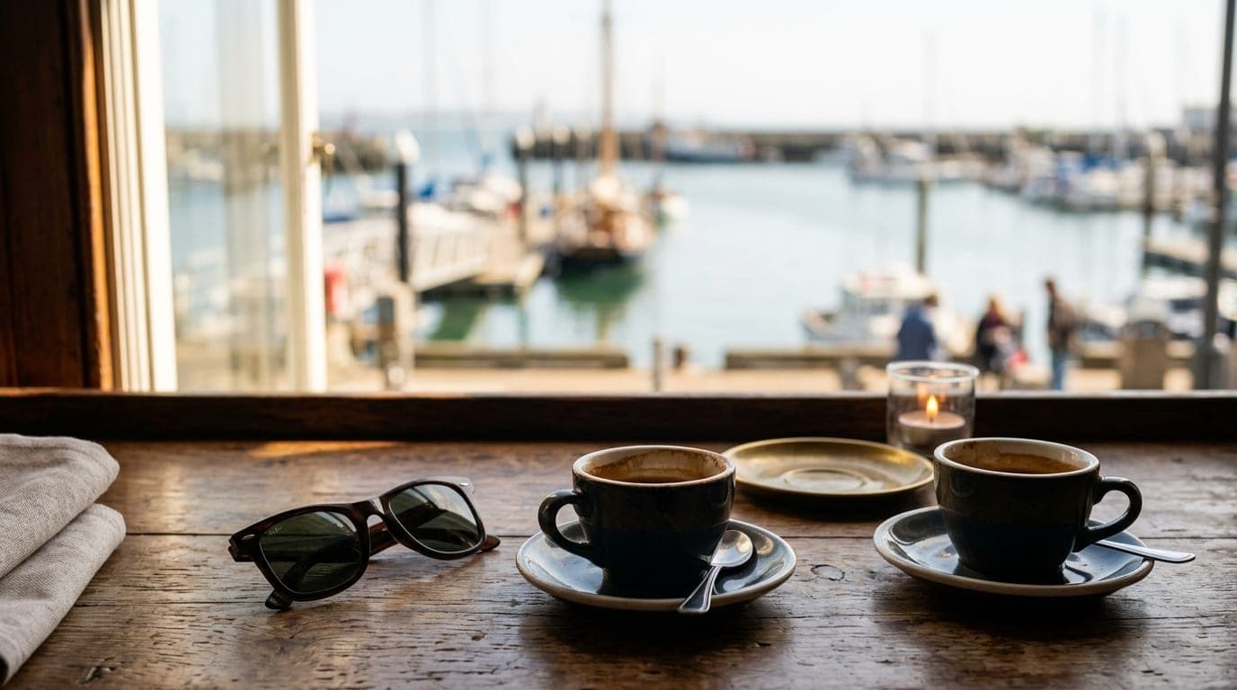 Natural noon light illuminates a worn wooden bistro table at the harbor. Two half-poured espressos sit beside a pair of su...