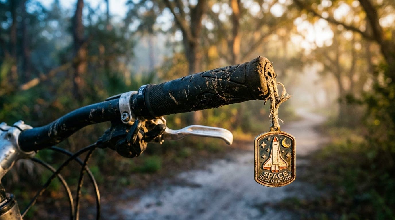 A 35mm macro shot of a weathered mountain bike handle featuring a small, branded space-tech keychain, offset right, catchi...