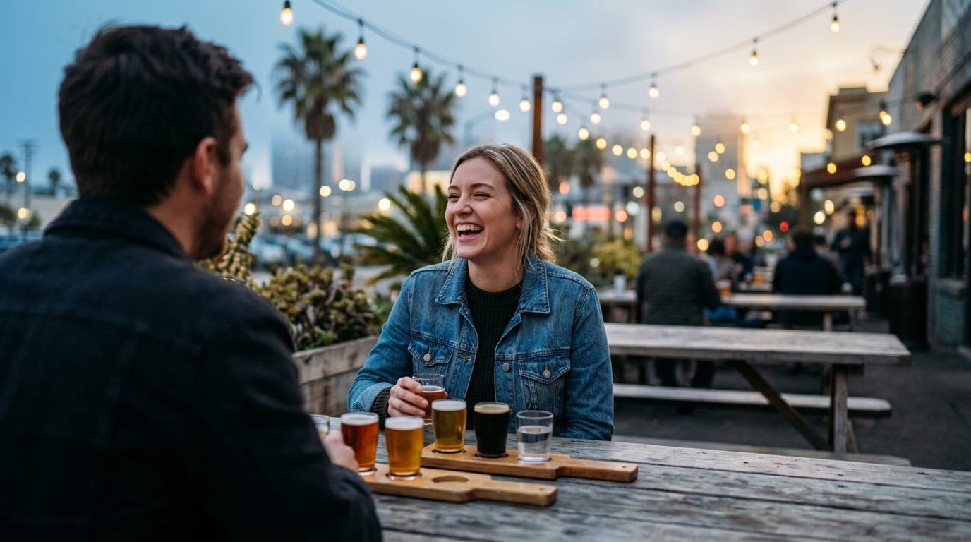 An over-the-shoulder view of a couple sharing a craft beer flight on an outdoor brewery patio at blue hour. The woman in a...