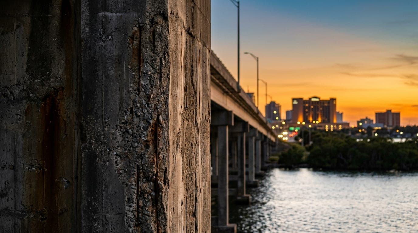 A telephoto 85mm shot of the Melbourne Causeway bridge at golden hour, focus on the textured bridge pylon offset left, blu...