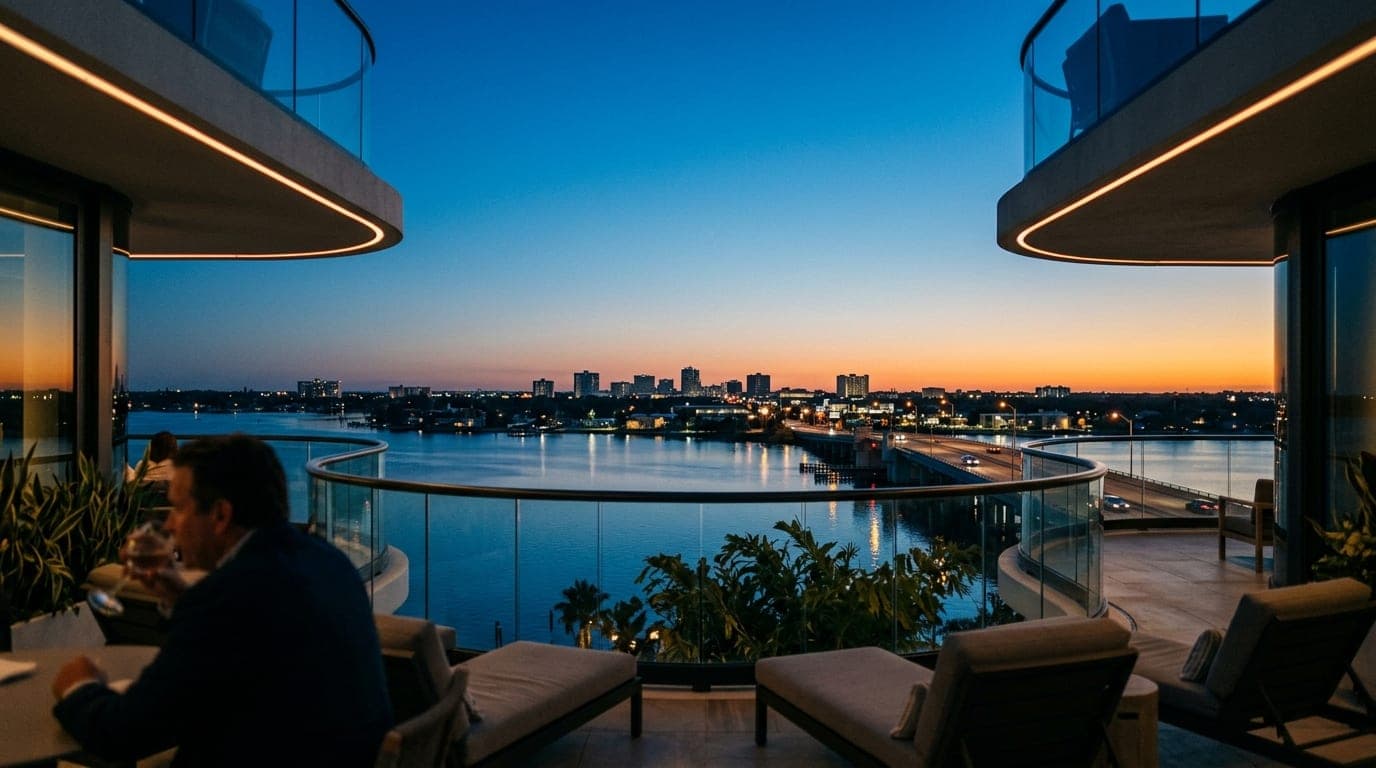 A 24mm wide-angle, centered shot of the Pineapples rooftop in the Eau Gallie Arts District at blue hour. The illuminated a...