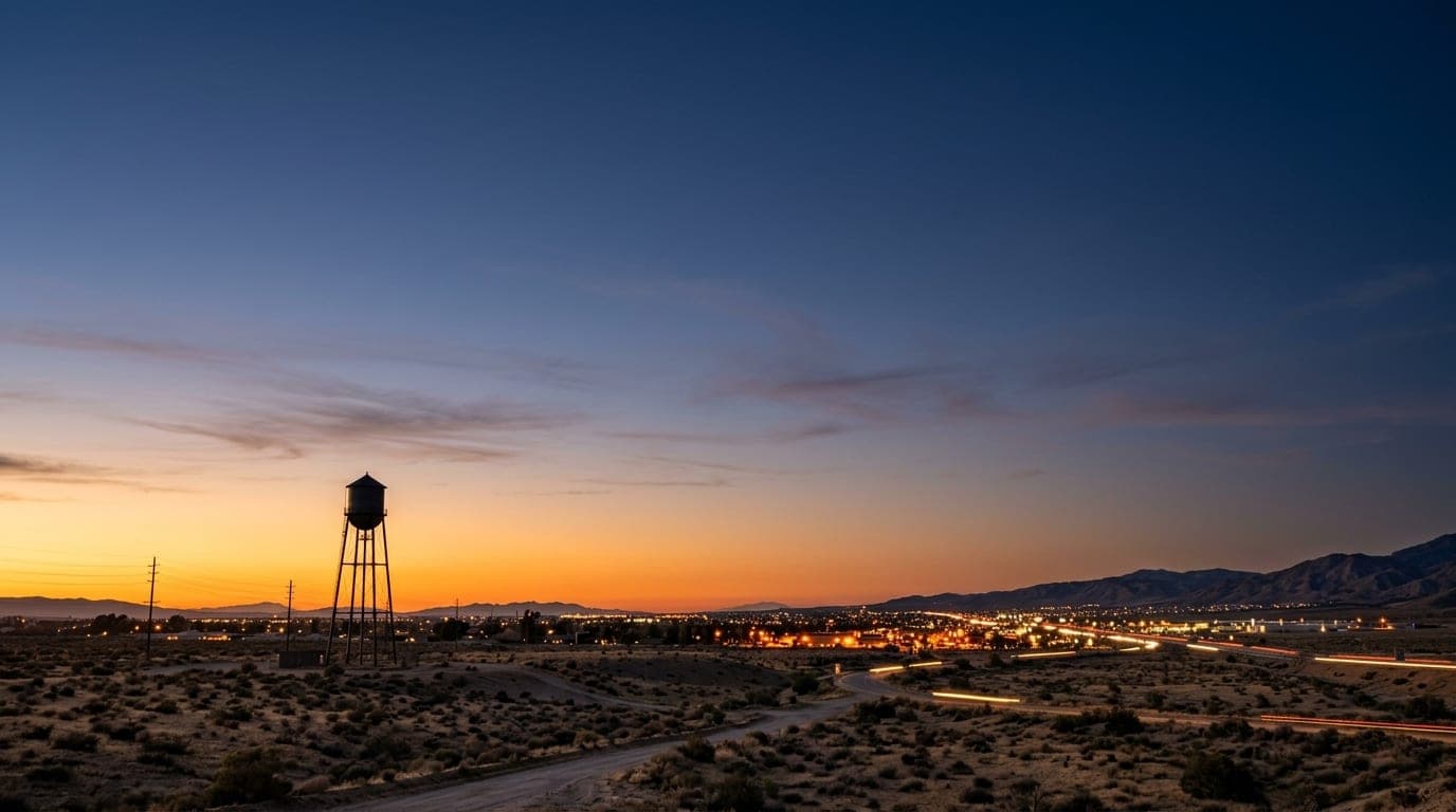 A wide establishing shot captures the Palmdale skyline at dusk, featuring the silhouette of a desert water tower against a...
