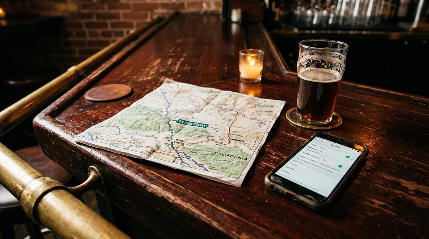 An overhead flat-lay of a mahogany bar top featuring a crumpled map showing the 14 Freeway, a half-empty craft beer, and a...