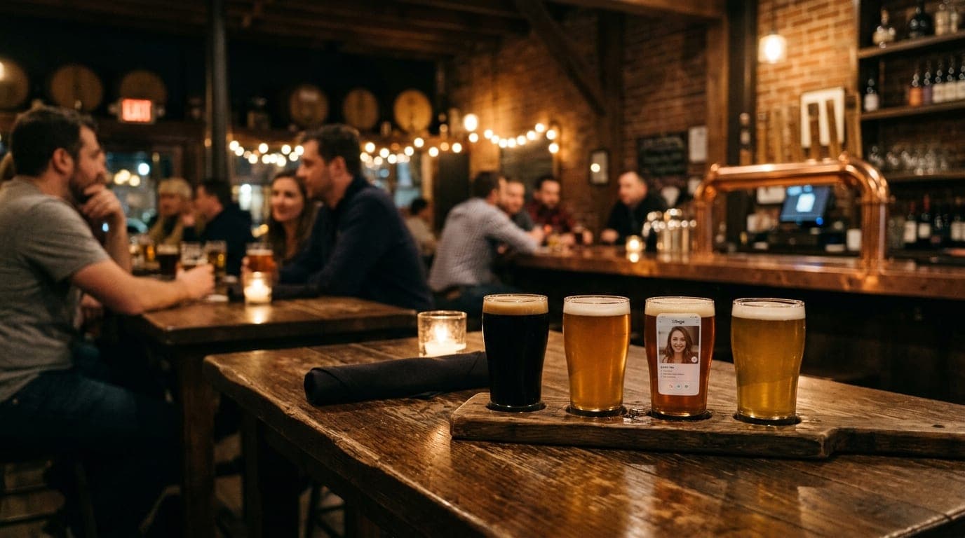 A 35mm wide shot inside a dimly lit craft brewery, featuring a flight of four beer tasters on a wooden table. A Hinge prof...