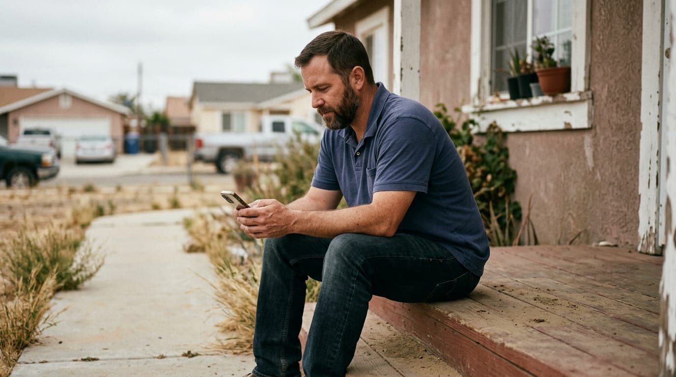 An 85mm portrait shot, shallow depth of field, of a man in a navy polo sitting on a dusty residential Palmdale porch step,...
