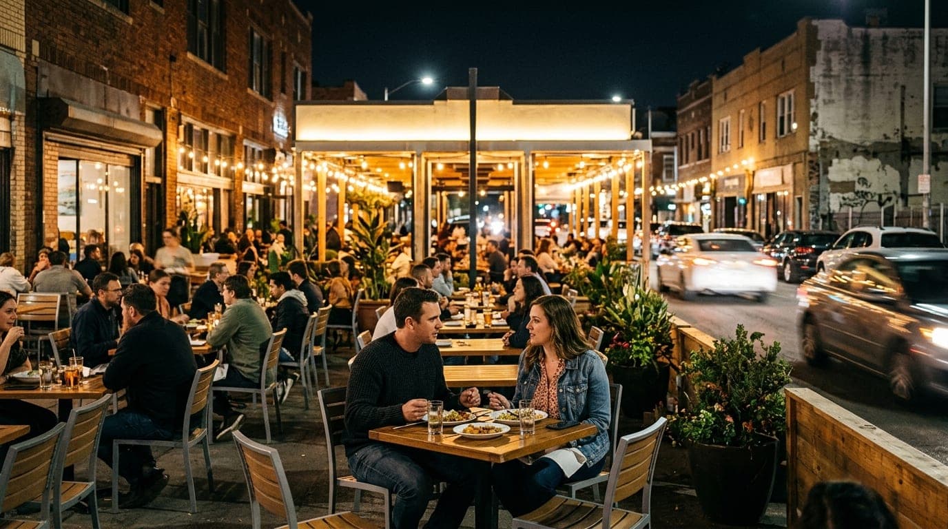 A wide 24mm symmetrical shot of a bustling, brightly lit Rancho Vista Boulevard restaurant patio at night, showing a coupl...