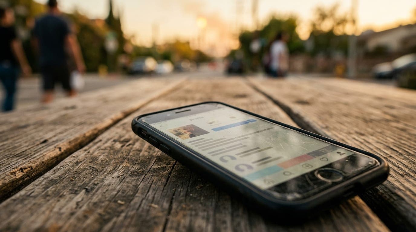 A selective-focus macro shot of a worn smartphone screen displaying a Hinge profile, resting on a dusty wooden picnic tabl...