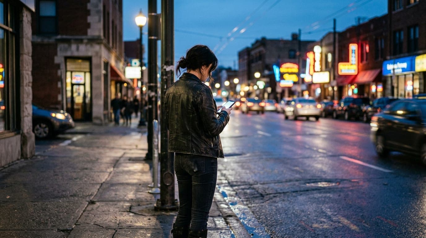 A woman in a leather jacket stands on a Fairmont Parkway sidewalk at blue hour, holding a glowing smartphone. Offset right...