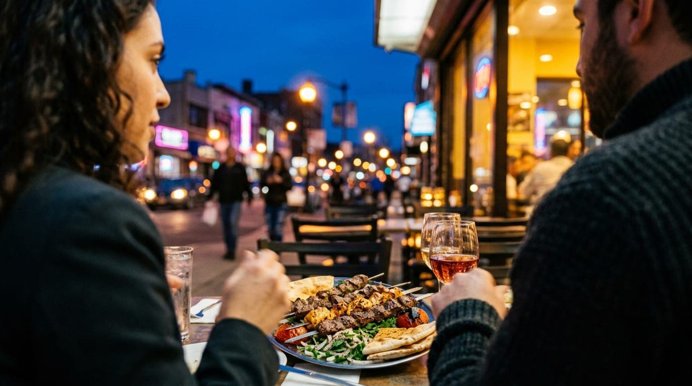 Over-the-shoulder, 100mm macro, blue hour. A couple shares a platter of kebabs at a vibrant South Paterson restaurant, the...
