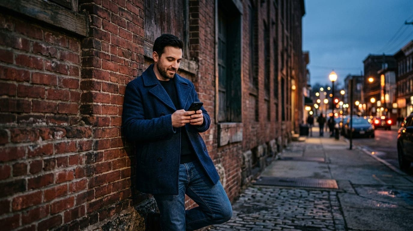Low-angle hero shot of a man in a navy wool coat leaning against a weathered brick wall outside the Art Factory, holding a...
