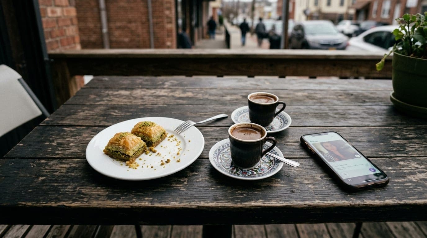 Overhead flat-lay on a weathered outdoor cafe table in South Paterson. A half-eaten plate of pistachio baklava beside two...