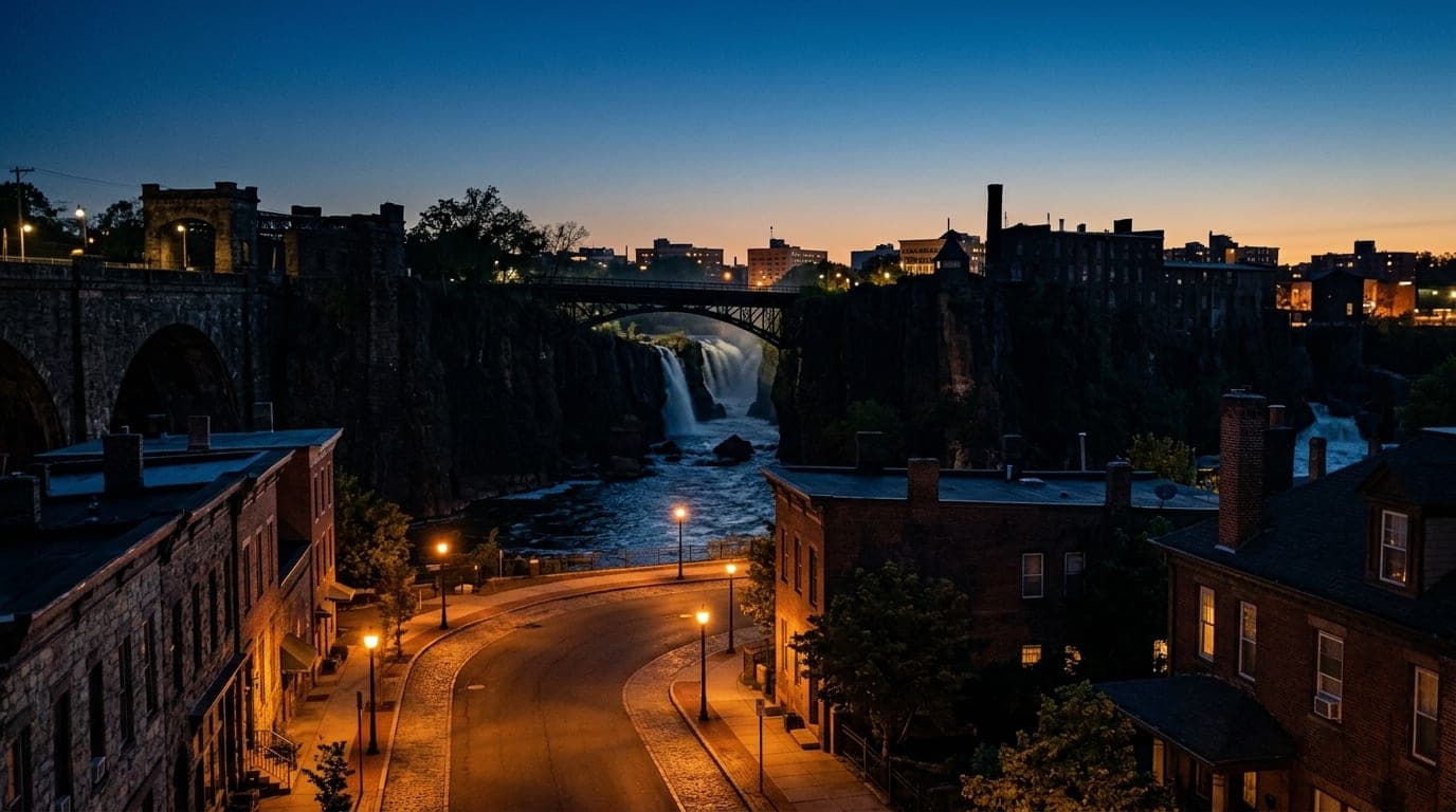 A low-angle, 50mm shot captures the historic Great Falls silhouette against a midnight sky. Warm amber streetlights illumi...