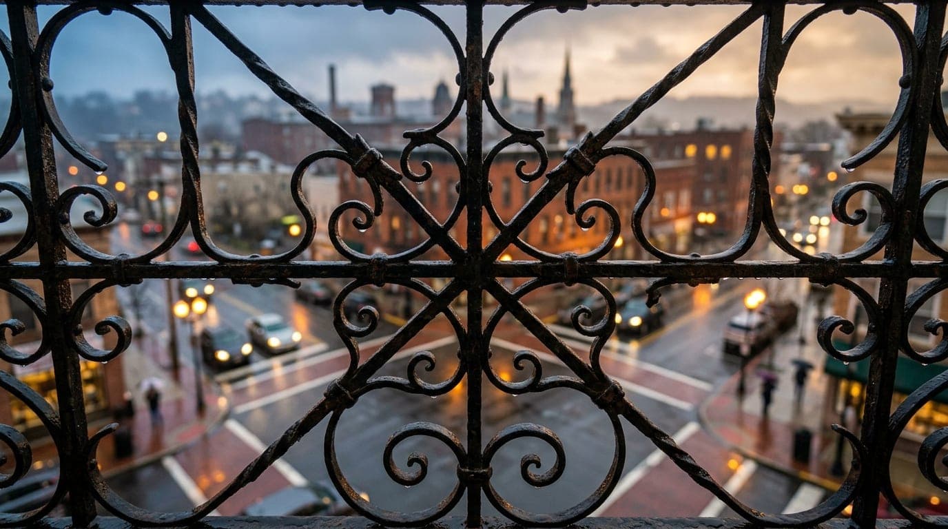 An overhead flat-lay, 100mm macro shot captures a rain-slicked, decorative wrought-iron balcony railing overlooking a bust...