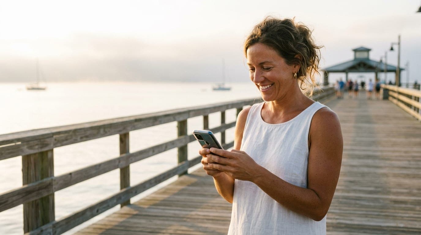 A sun-drenched close-up of a tanned woman in a linen sundress holding a smartphone, standing on the Palafox pier with the...