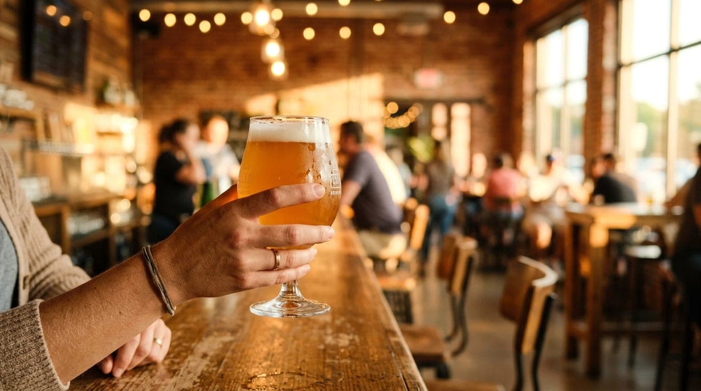 A hand holding a chilled craft beer glass at Perfect Plain Brewing Co., captured at golden hour. The shallow depth of fiel...