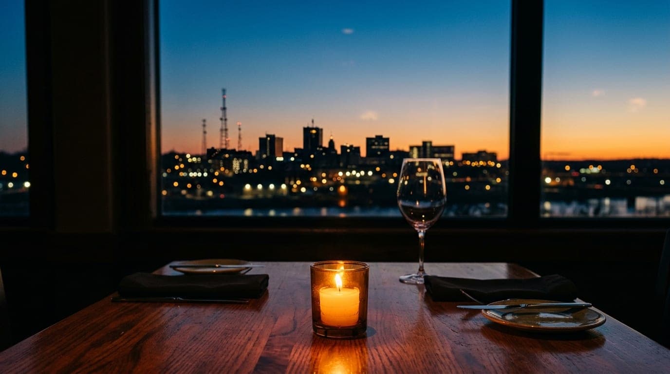 A warm candle glows on a mahogany table, illuminating a blurred background of the Peoria Heights skyline at dusk. The city...