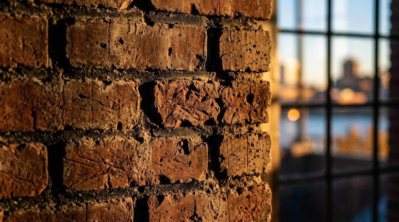 A close-up, 100mm macro shot of a weathered brick wall at the Peoria Riverfront, textured by sunlight streaming through a...